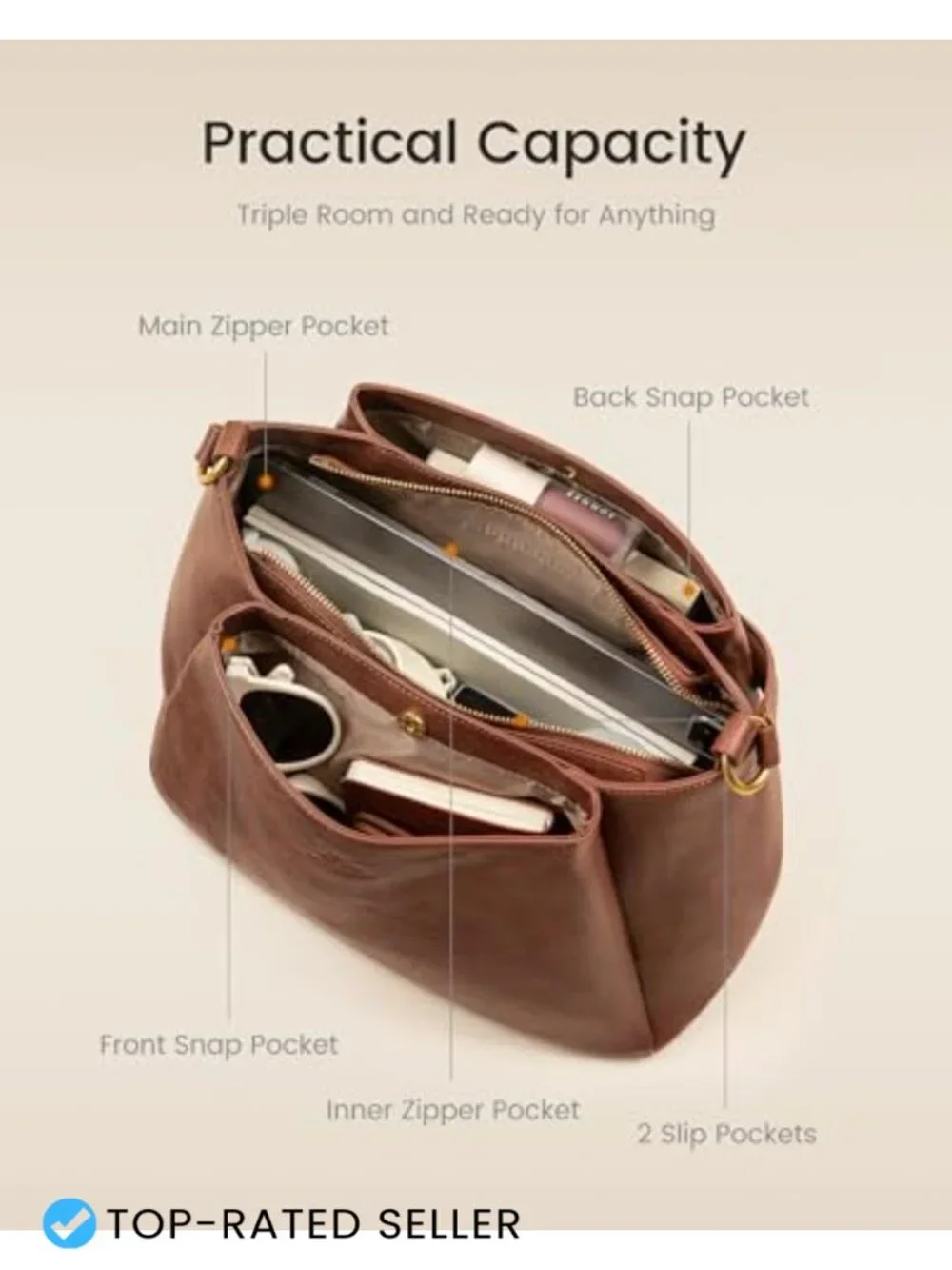 Waterproof Triple Compartment Hobo Bag Vegan Leather Shoulder Handbag